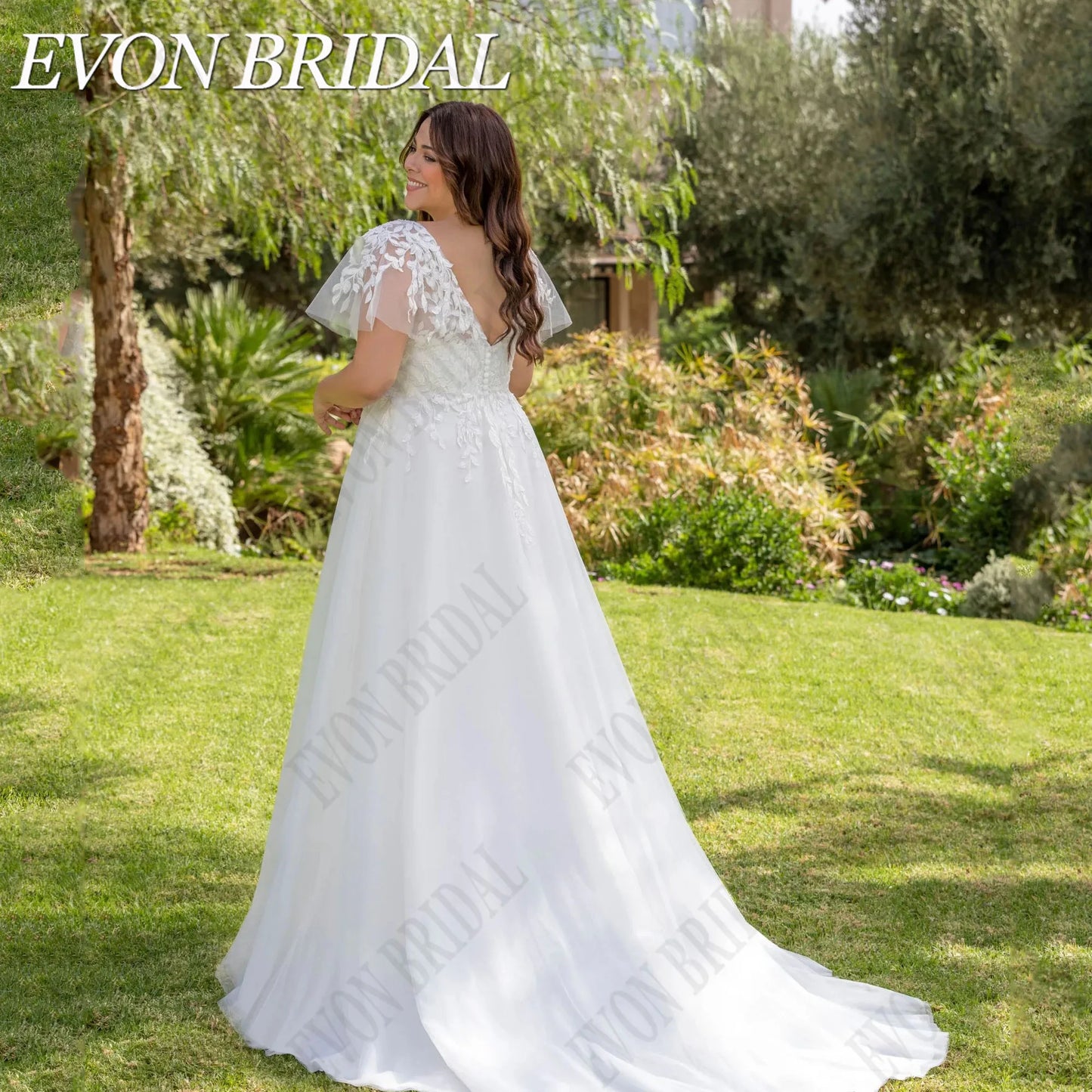 EVON BRIDAL Civil Large Size Wedding Dresses For 2024 Bride Double V-Neck Applique Tulle A-Line Short Sleeves Bridal Gowns