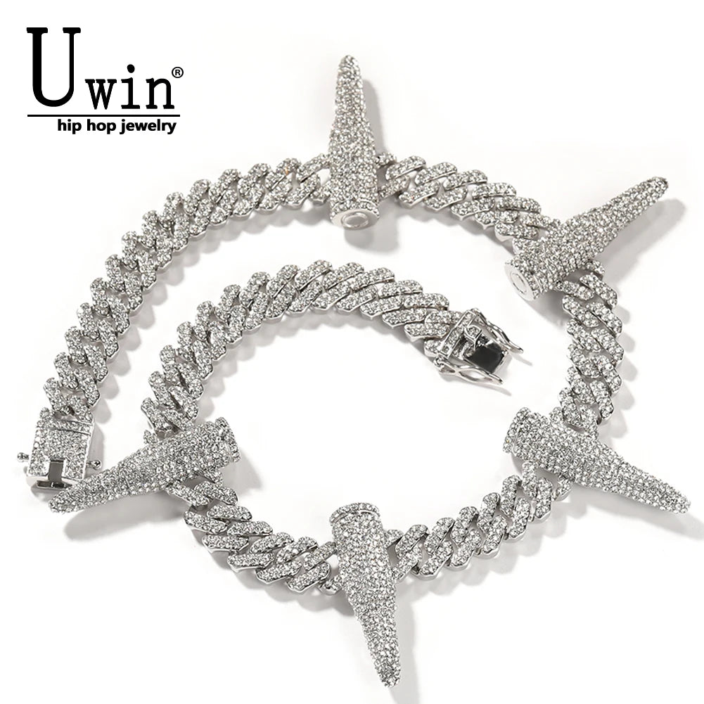 Uwin 12mm Cuban Link Chain Black Panther Zinc Alloy Bullets Necklace For Men Full Setting Rhinestones Fashion Jewelry For Gifts