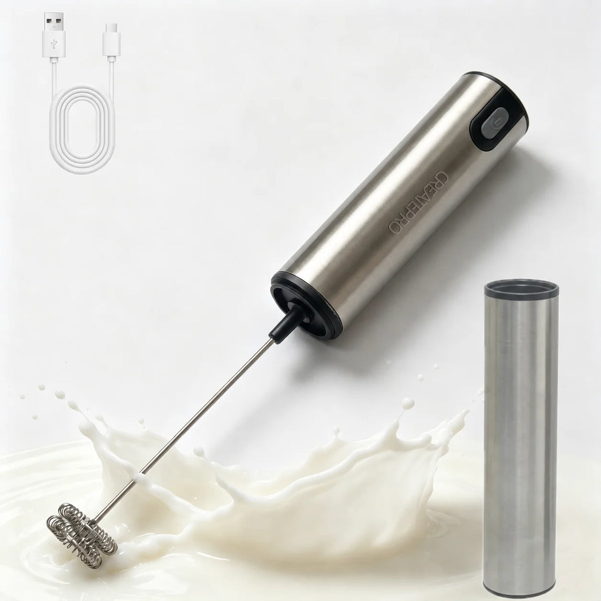 Handheld Electric Milk Frother, Made of Stainless Steel, USB Rechargeable, with a Storage Lid, Suitable for Coffee, Latte
