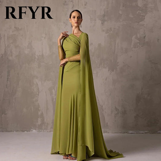 RFYR One Shoulder Chiffion Green Prom Dress Elegant Mermaid Evening Dress with Long Cape Arab Dress Vestidos De Noche Customized