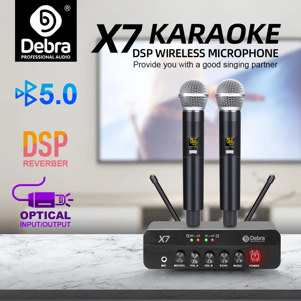 Debra X7 Karaoke 2 Channel Wireless Microphone System, 5.0 Bluetooth, DSP Reverb, Fiber Optic Interface For Karaoke And Church