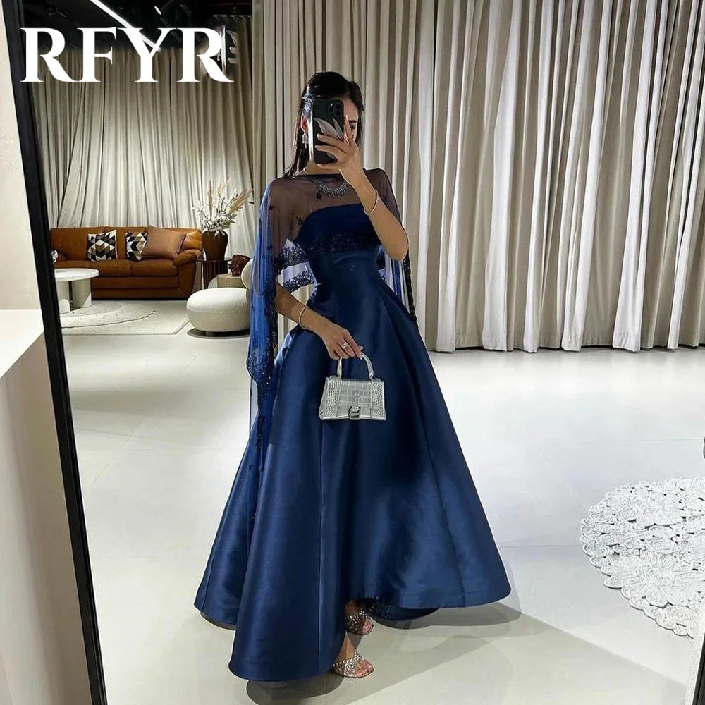 RFYR Navy Blue A-Line Satin Prom Dresses Cape Pleated Ankle Length Women Elegant Formal Occasion Dress Evening Gowns Customized