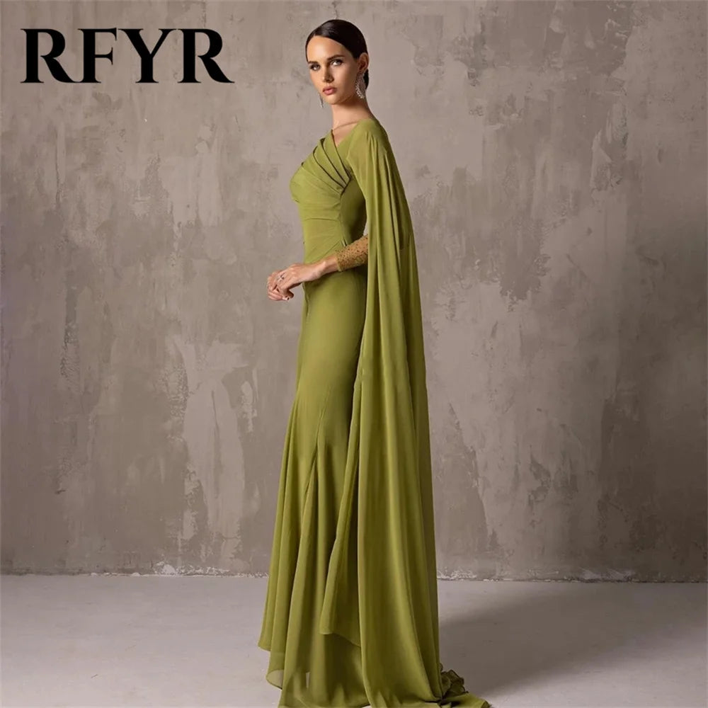 RFYR One Shoulder Chiffion Green Prom Dress Elegant Mermaid Evening Dress with Long Cape Arab Dress Vestidos De Noche Customized