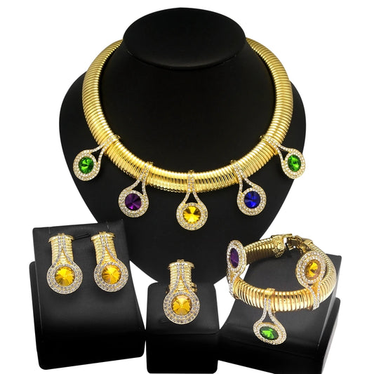 Women Jewelry Set Luxury 24K Gold Plated Colorful Rhinestone Necklace Earrings Gorgeous Wedding Banquet Jewelry Costume