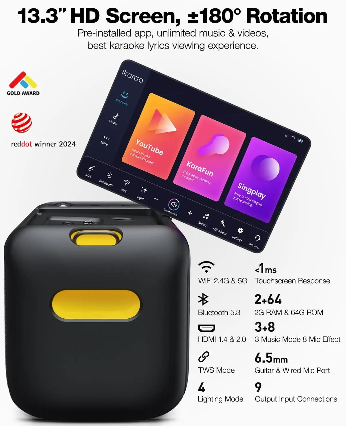 Karaoke Machine for Adults with Lyrics Display, Built-in 13.3" Screen, Truly All in One Karaoke Machine with 2 Wireless Micropho