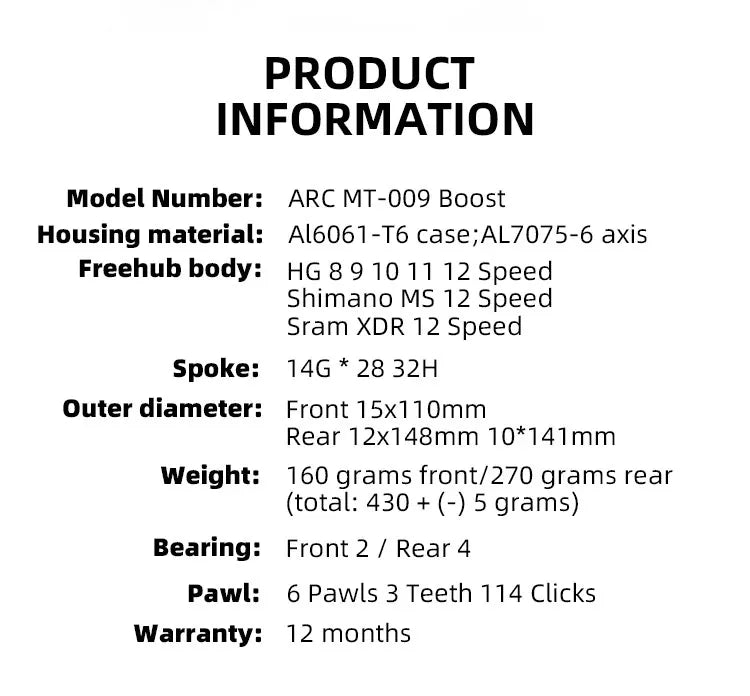 ARC MT009 BOOST MTB rear hub	Bicycle Hub 6 Pawls 15x110 10x141 12x148 32H Bike Wheel Hub HG XD MS for K7 8 9 10 11 12 Speed