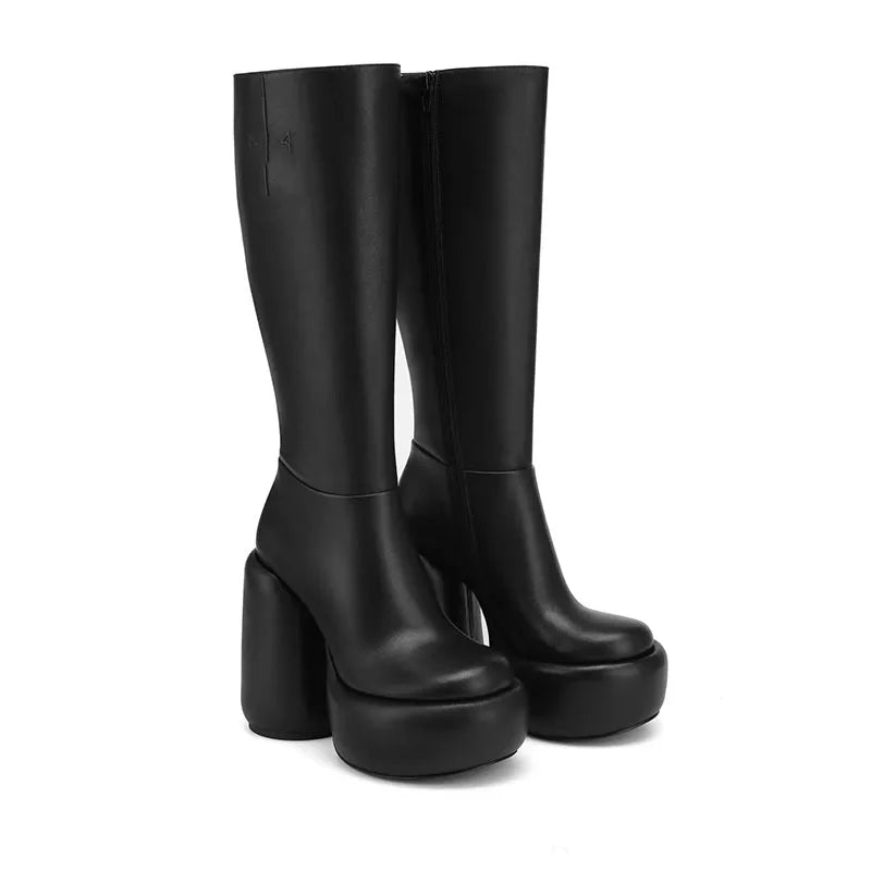 Women's Black Over Knee High Boots Botas Alto Chunky Platform Block Heels Zip Closure Winter Women's Shoes