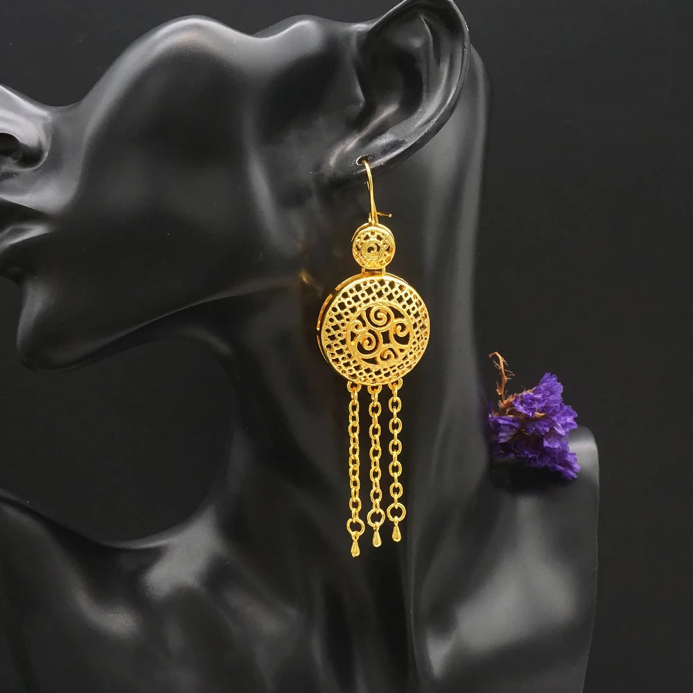 African Gold Color Long Necklace/Earrings/Ring Big Jewelry Set Women Arab Jewelry Wedding Accessories