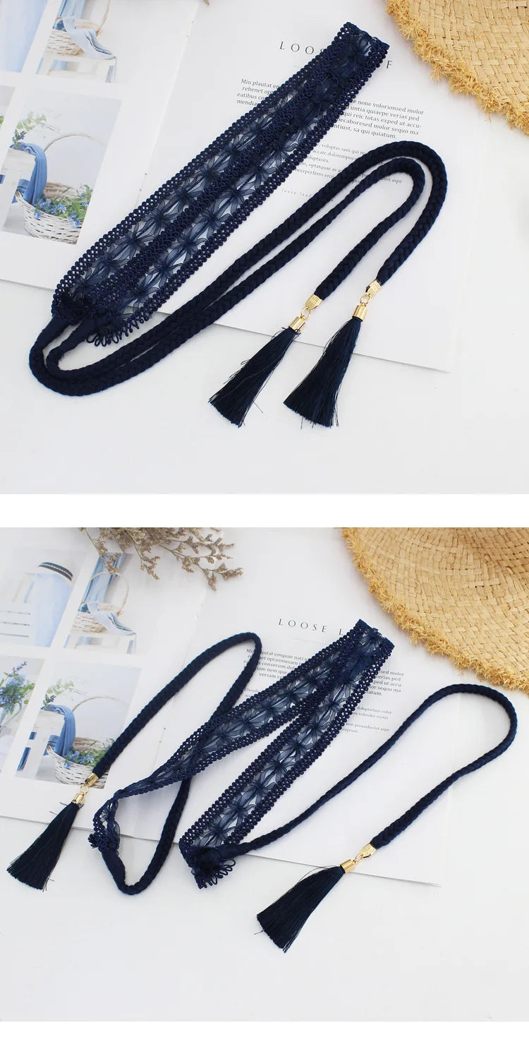 New Women Woven Tassel Belt Braided Waistband Boho Girls Thin Waist Rope Knitted Waist Belts for Dress Waistbands Accessories