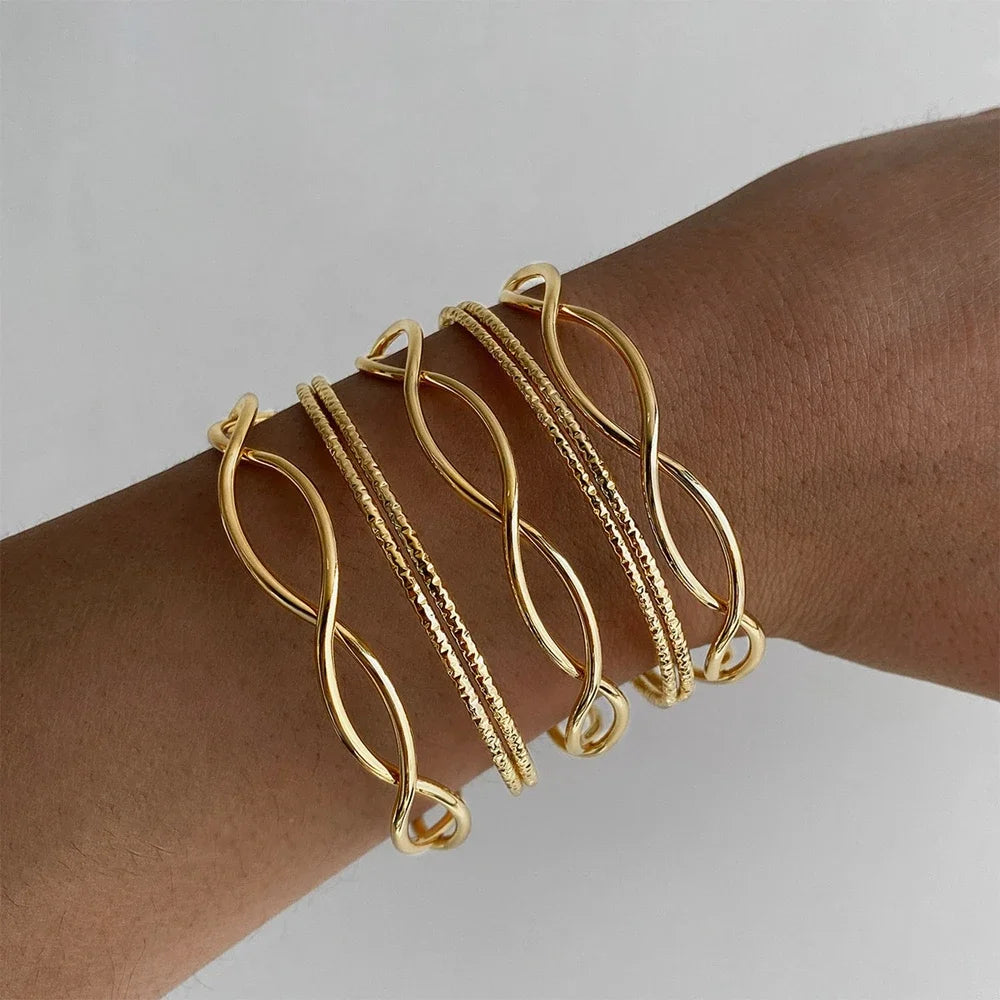 Ladies Women Fashion Jewelry Gold Expandable Inspired Designer Bangle Stackable Cable Wire Open Cuff Bangle Bracelet Set