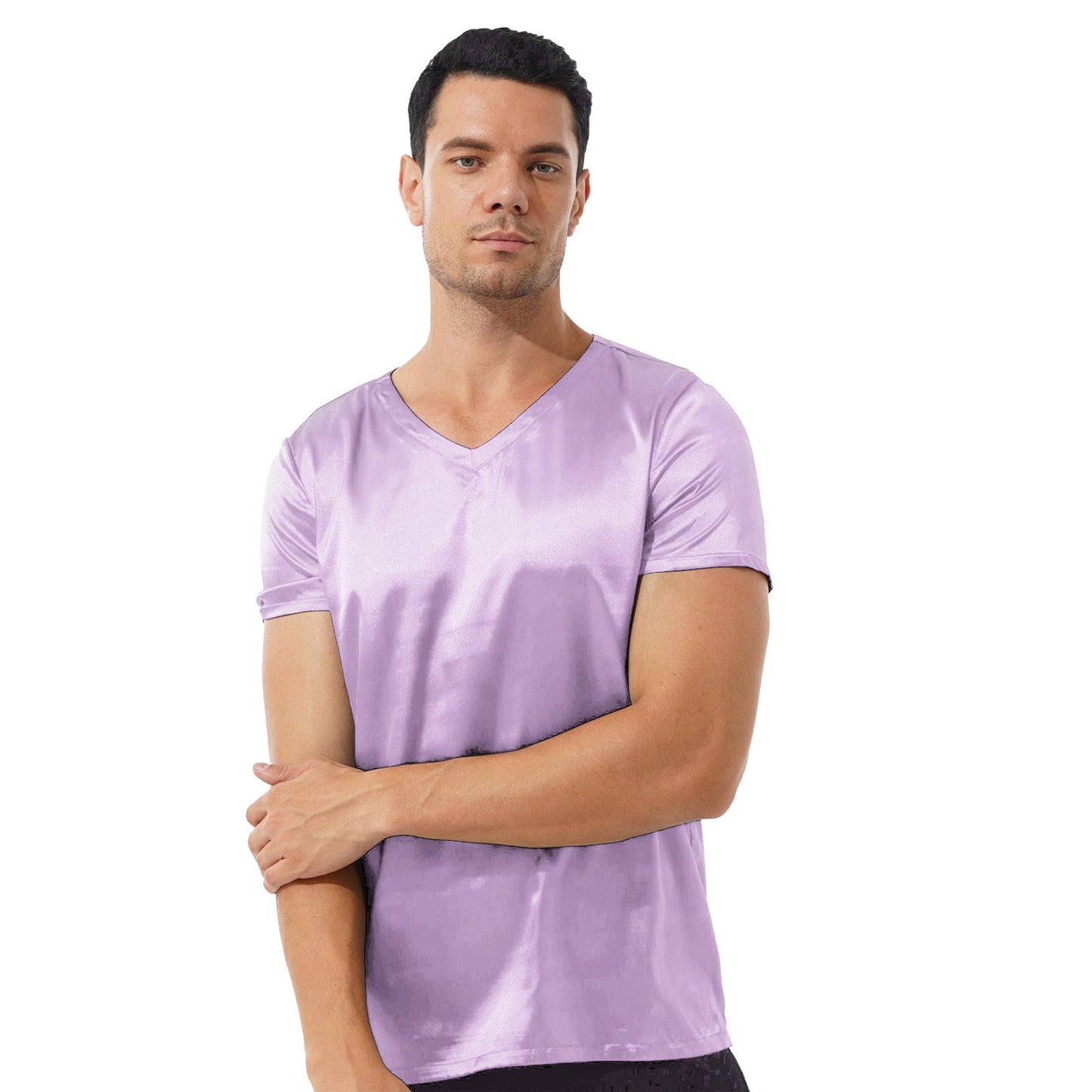 Mens Male Clothing V Neck Short Sleeve Satin Casual Comfortable T-Shirt Loose Pajamas Tops Loungewear Sleepwear Nightwear