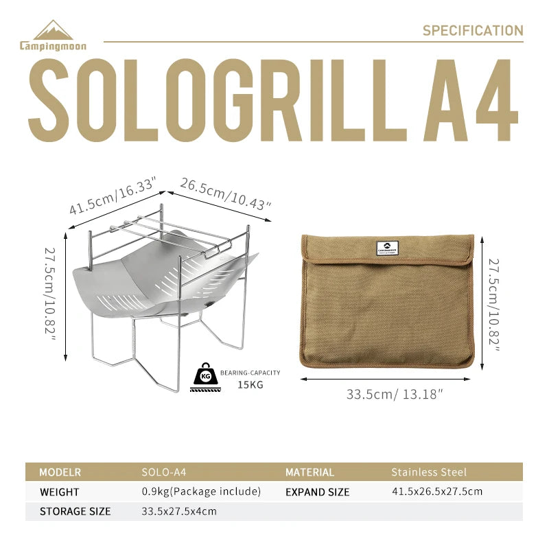 CAMPINGMOON SOLO-A4 Stainless Steel Portable Folding BBQ Grill Outdoor Garden Camping Portable Foldable Cooking Grill