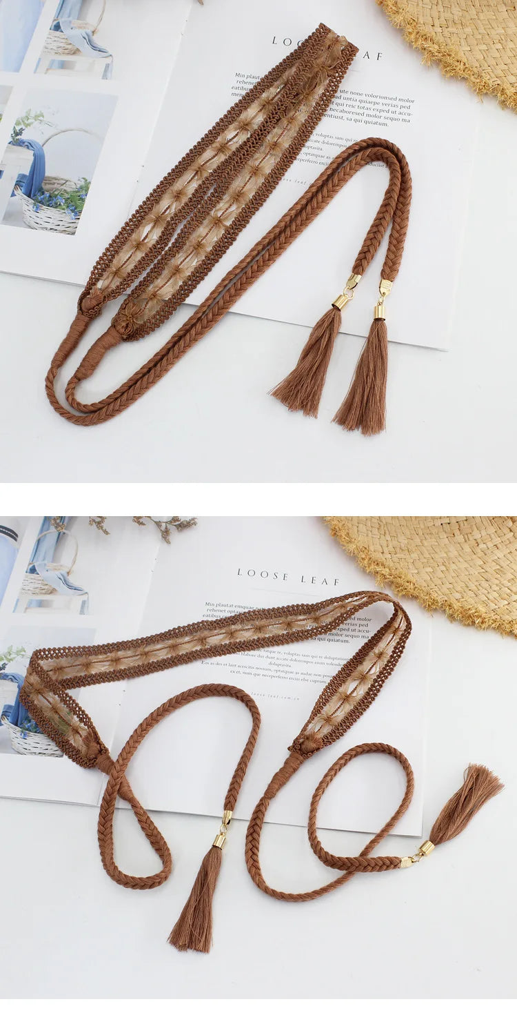New Women Woven Tassel Belt Braided Waistband Boho Girls Thin Waist Rope Knitted Waist Belts for Dress Waistbands Accessories