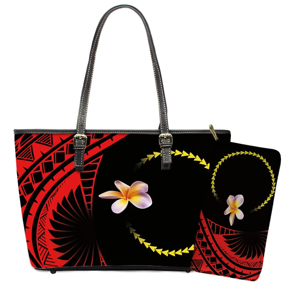 Elegant Polynesian Tribal Hawaii Tropical Leather Purses with Zipper Wallet Luxury Ladies Tote Bag Custom Women's Shoulder Bag