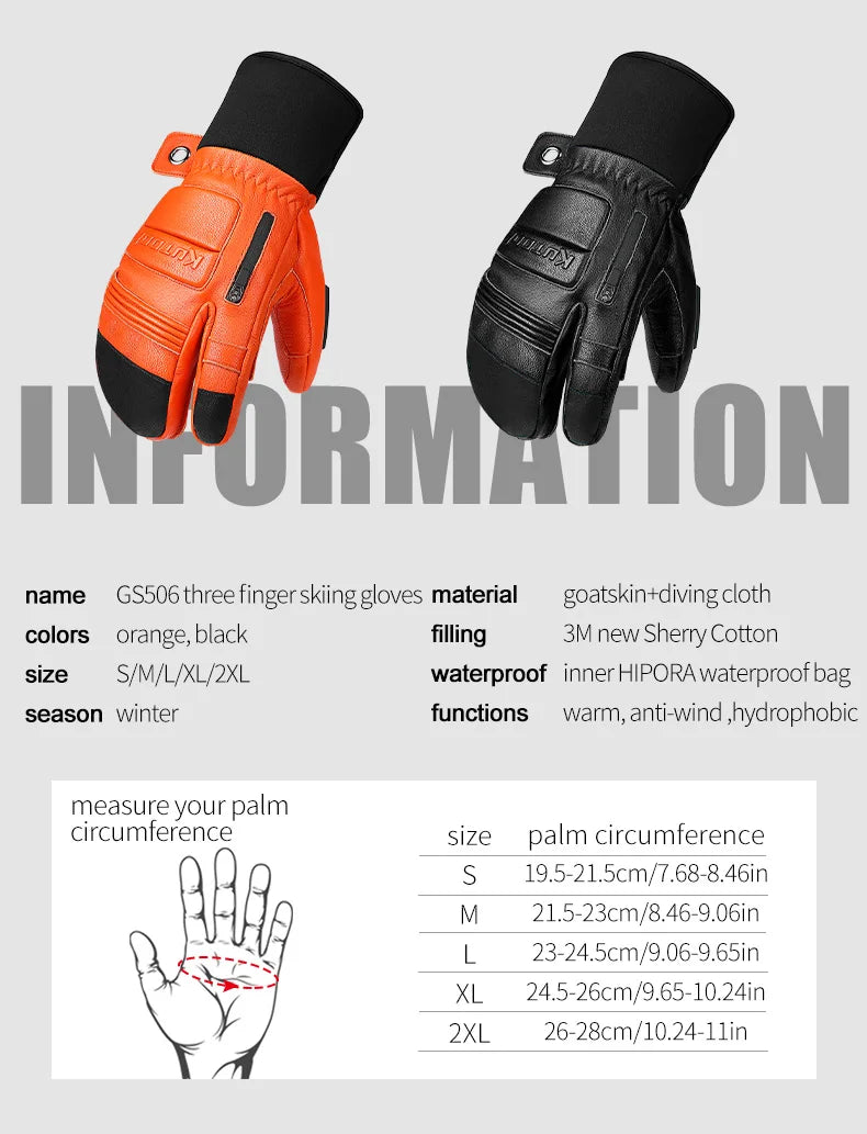 KUTOOK Goatskin Leather Ski Gloves Mittens Waterproof Thicken Winter Snow Snowboard Gloves Thermal Warm Skiing Gloves for Men