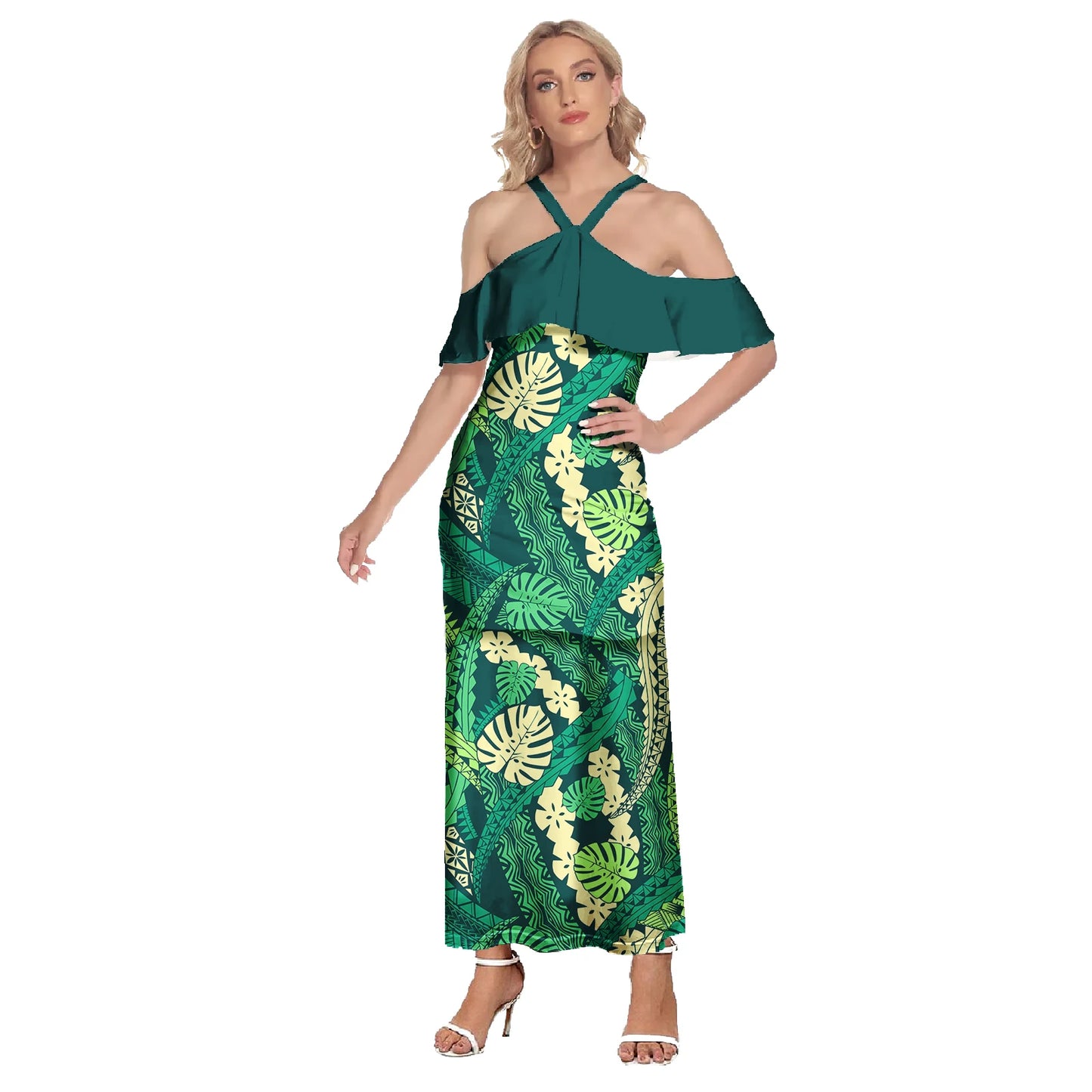 Polynesian Printing Samoa Puletasi Two Piece Elegant Dresses Island Ruffles Shirt and Puletasi Dress