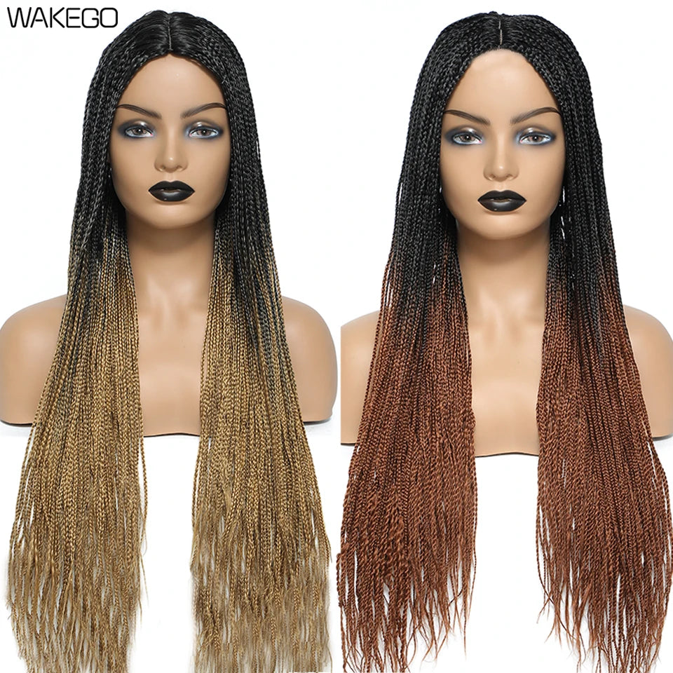 Wakego 26 Inch Ombre Box Braided Wigs For Black Women Braided Wig Fake Scalp Heat Resistant Braiding Hair Wig Peruca Sintetica