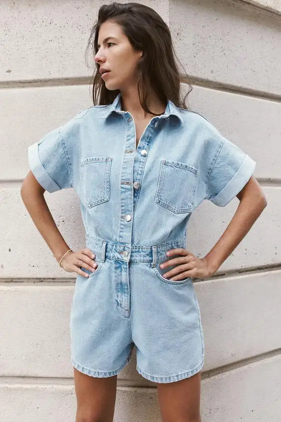 KP&ZA Vintage Summer Women's Casual Slim Denim Overalls Washed Technique Waist Solid 1879039 Rolled Sleeve Lapel Button