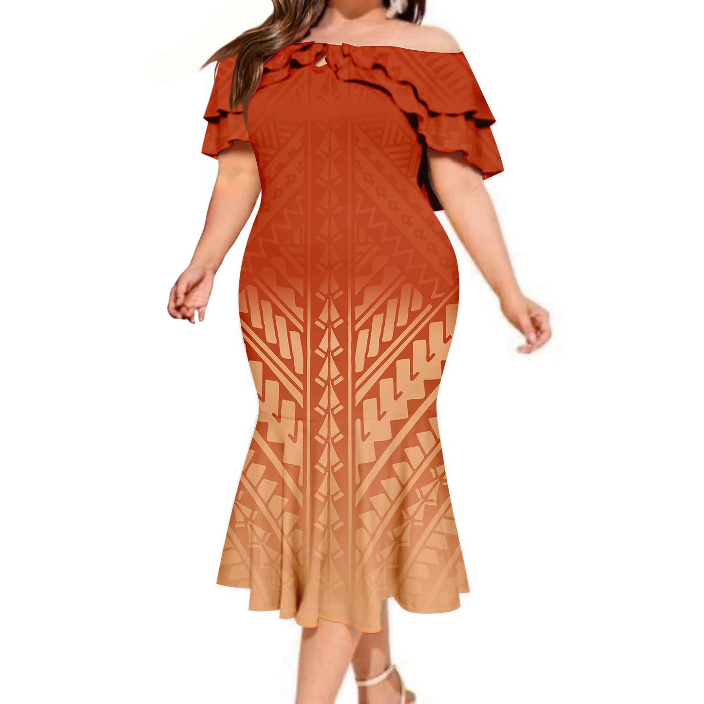 Top Quality Wholesale Custom Polynesian Elei Tribal Design Midi Dresses Tapa Print Mermaid Double Shawl Dress Oversize Vestidos