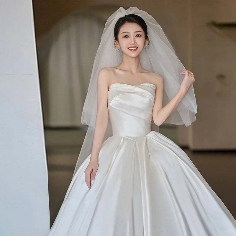 S6615F       Drop Shipping 2025 New Tube Top Satin Bride Senior Texture Main Dress for Women Wedding Party