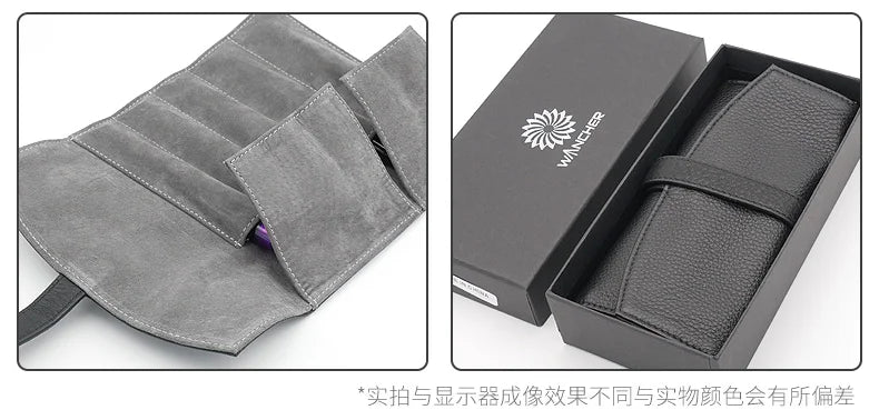 Wancher Genuine Leather Pen Bag 5 Pens Roll Pencil Bag Gift Box Protective Pen Ballpoint Pen Office Accessories Pen Set