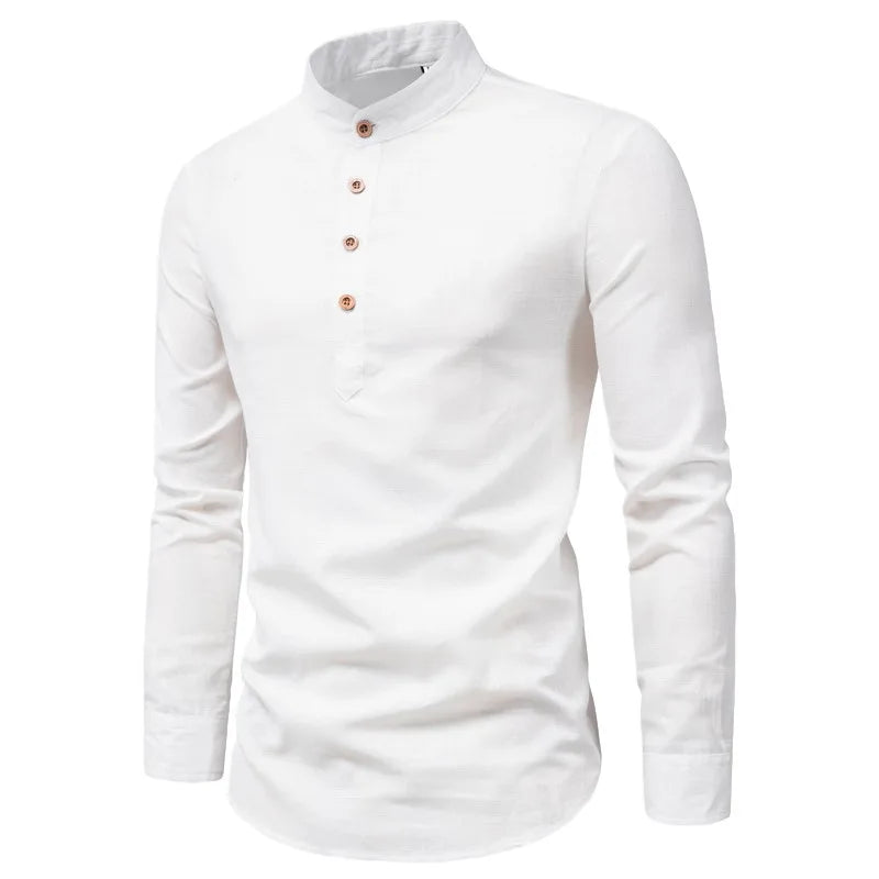 DAN Slim Solid Color Long Sleeve Business Shirt Half-Open with Standing Collar Cotton Linen  Autumn K93K1-01-10