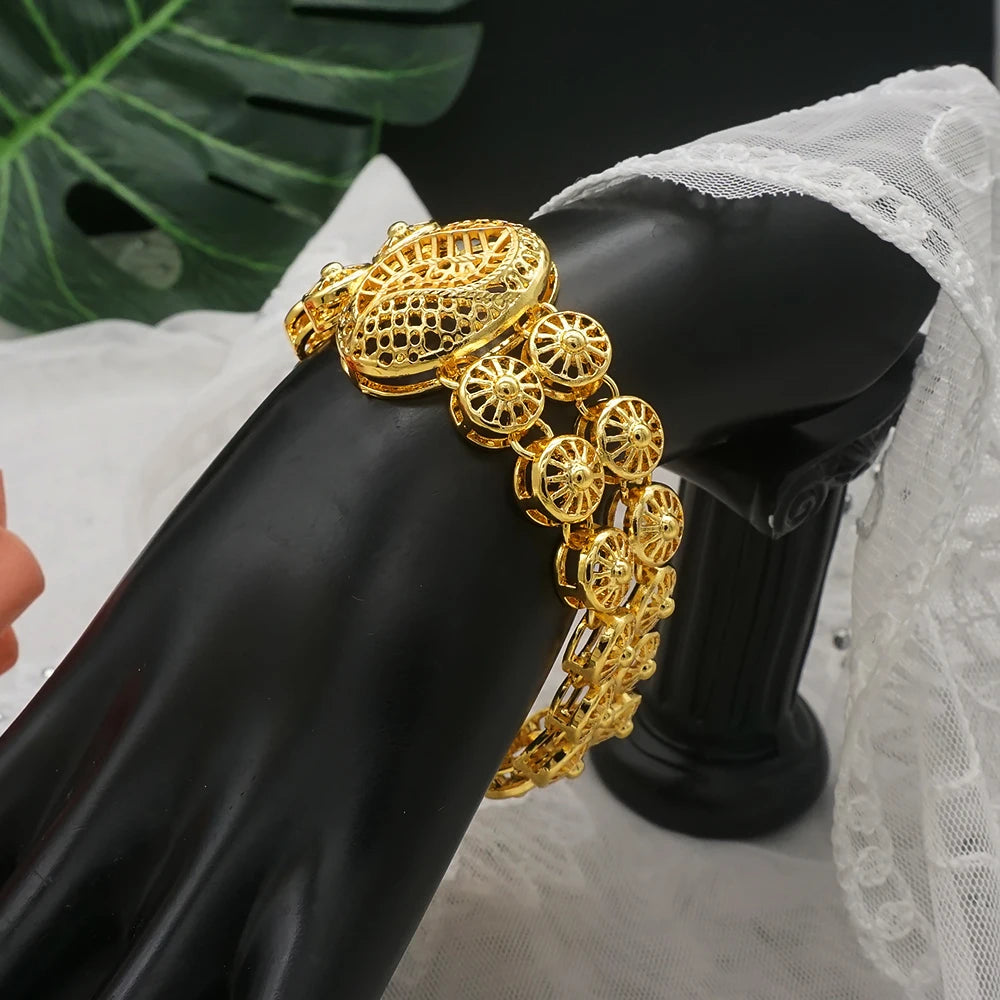 African Gold Color Long Necklace/Earrings/Ring Big Jewelry Set Women Arab Jewelry Wedding Accessories