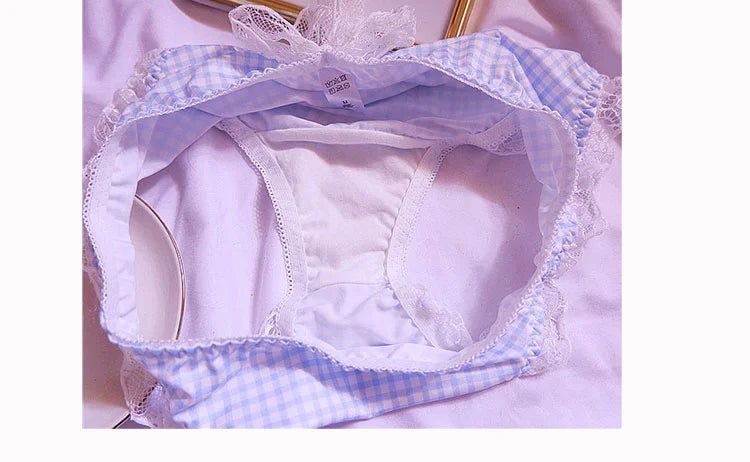Girl Sweet Cute Wire Free Comfortable Bra Set Animie Lolita Women Underwear Suit Sexy Lace Plaid Kawaii Bra and Panty Set