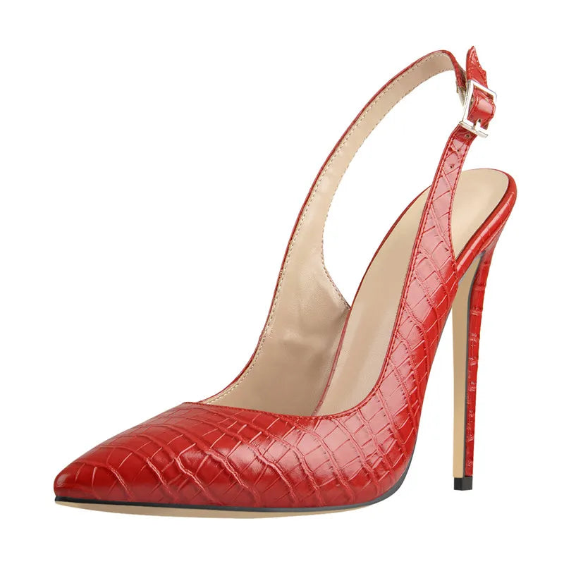 Onlymaker Women 12CM Slingback High Heels Pumps Red Color Pointed Toe Ankle Strap  Big Size Fashion Sandals