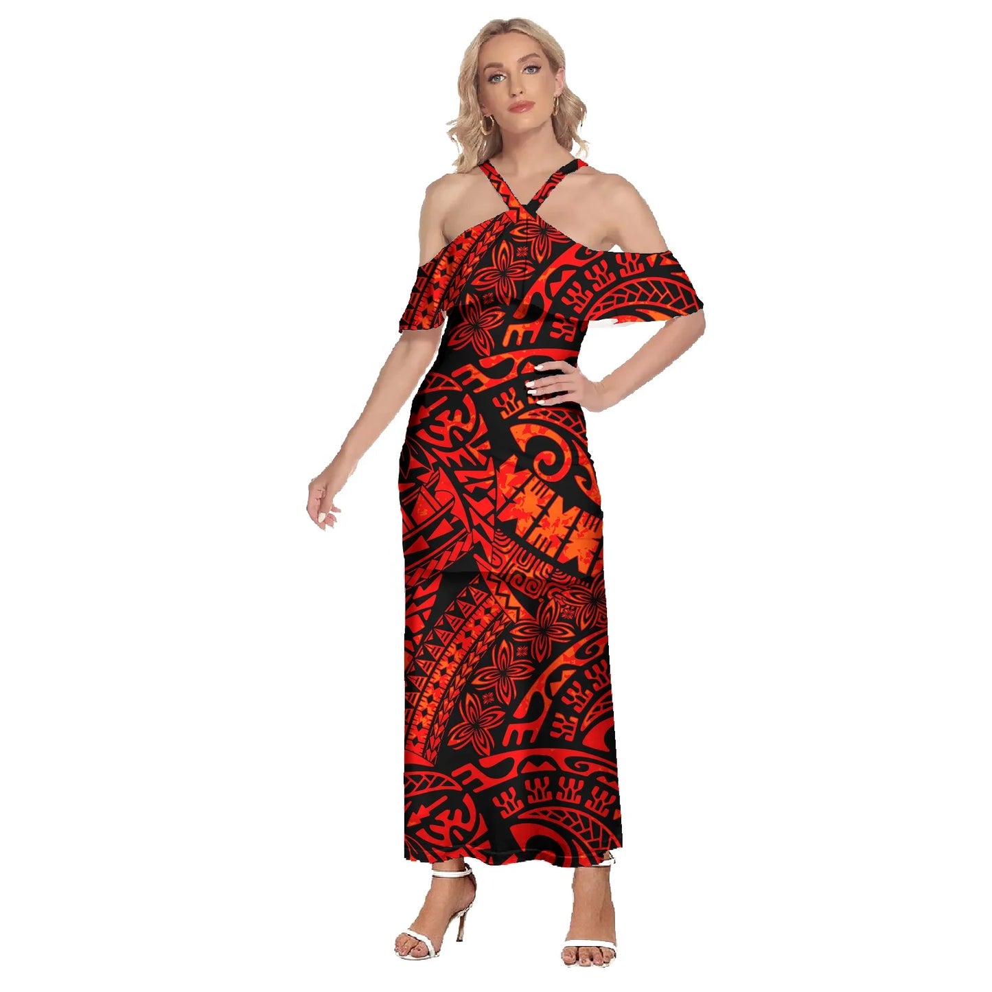 Polynesian Printing Samoa Puletasi Two Piece Elegant Dresses Island Ruffles Shirt and Puletasi Dress