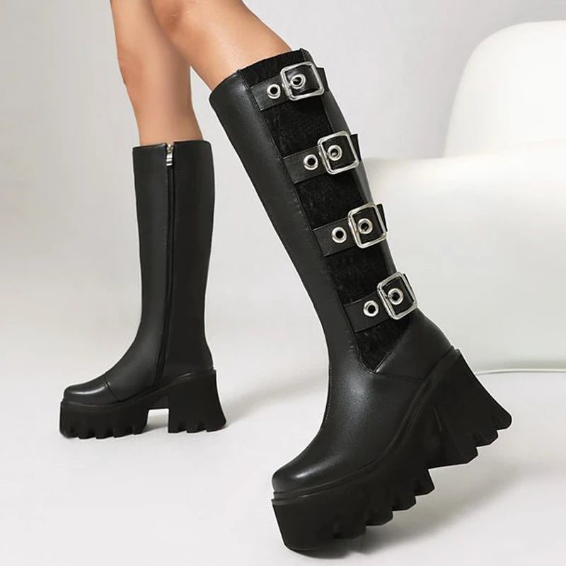 Metal Buckles Chunky Heels Women Knee High Boots Thick Sole Square Toe Long Booties Side Zipper Platform Lace Patchwork Shoes