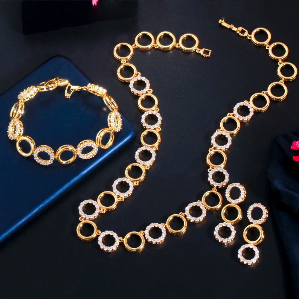 ThreeGraces 3Pcs Gorgeous CZ Gold Color Circle Link Chain Bracelet Necklace Earrings Jewelry Set Women Party Accessories TZ596