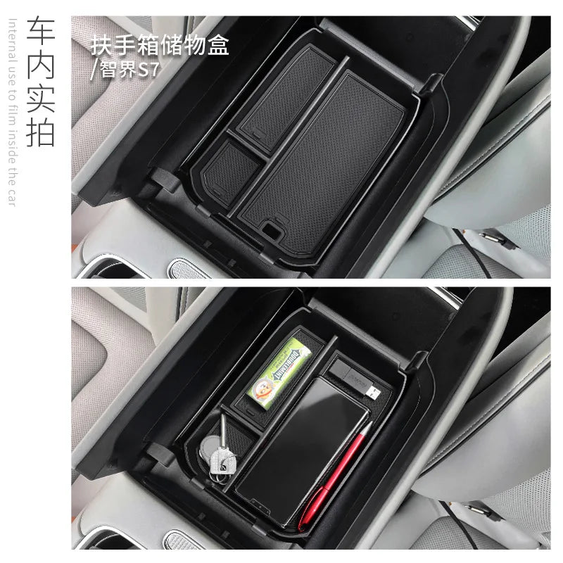For LUXEED S7 2024-2025 Compatible Center Console Organizer Tray Armrest Storage Box ABS+PVC Waterproof Interior Accessories
