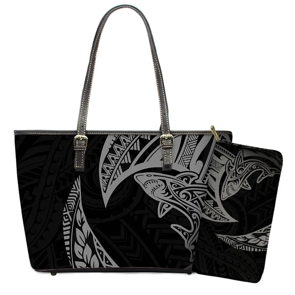Elegant Polynesian Tribal Hawaii Tropical Leather Purses with Zipper Wallet Luxury Ladies Tote Bag Custom Women's Shoulder Bag