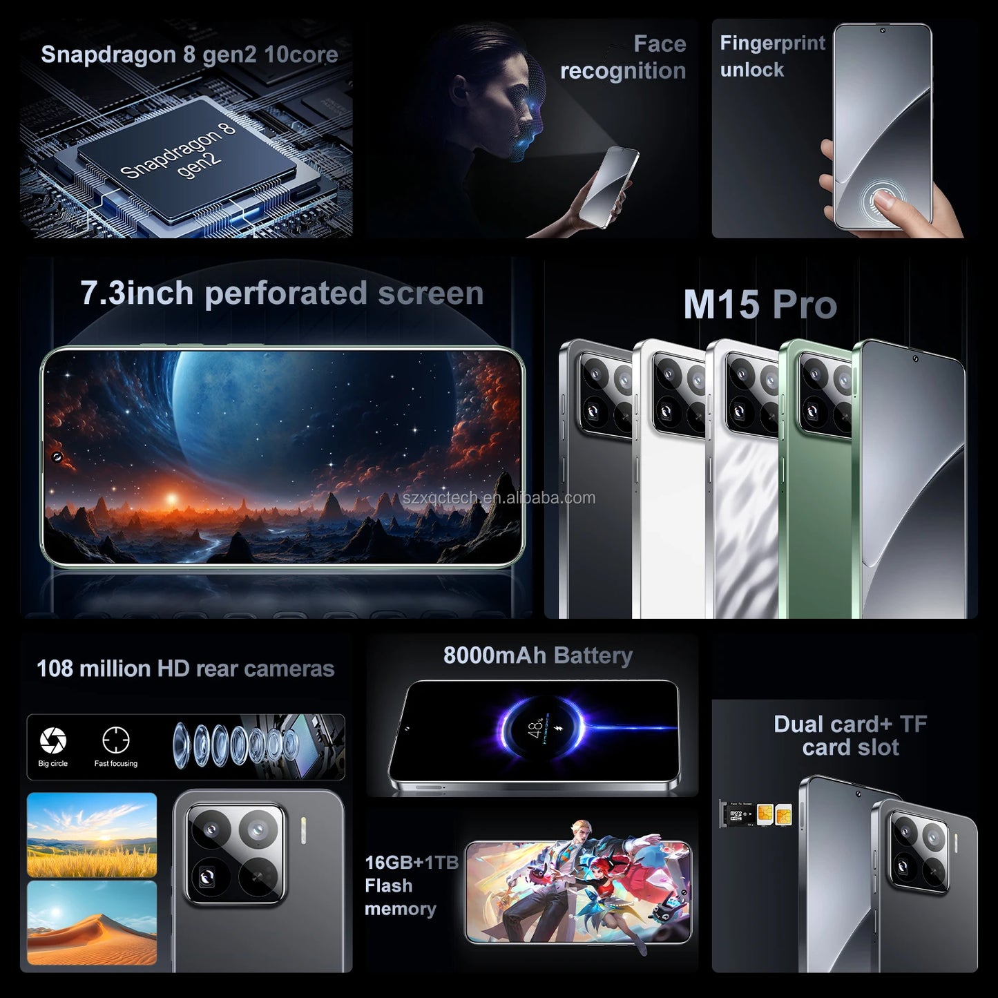 Wholesale M15 Pro 5G Smart Phone Unlocked Android 14 with Face Recognition 4G/5G 16GB+1TB Mobile Phones Cellphone