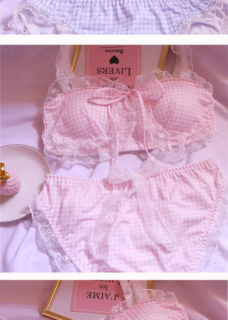 Girl Sweet Cute Wire Free Comfortable Bra Set Animie Lolita Women Underwear Suit Sexy Lace Plaid Kawaii Bra and Panty Set