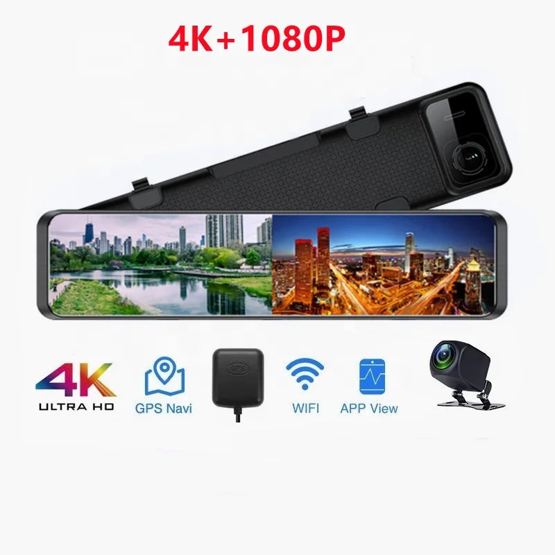 12 Inch 4K HD Wide Angle 170 Mirror Car Dvr Dashcam Dash Cam Front and Rear 4K With WIFI GPS Dual Lens Rearview Touch Screen
