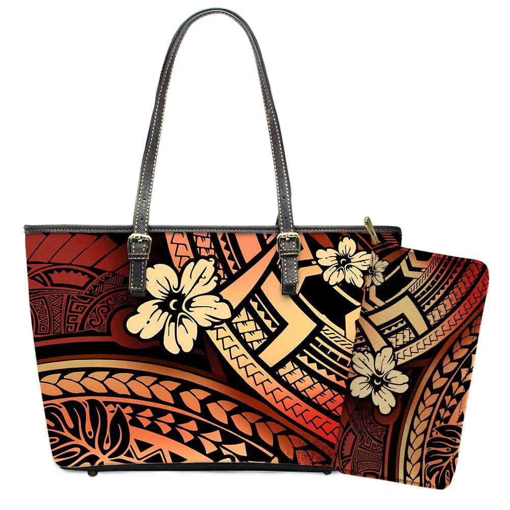 Elegant Polynesian Tribal Hawaii Tropical Leather Purses with Zipper Wallet Luxury Ladies Tote Bag Custom Women's Shoulder Bag