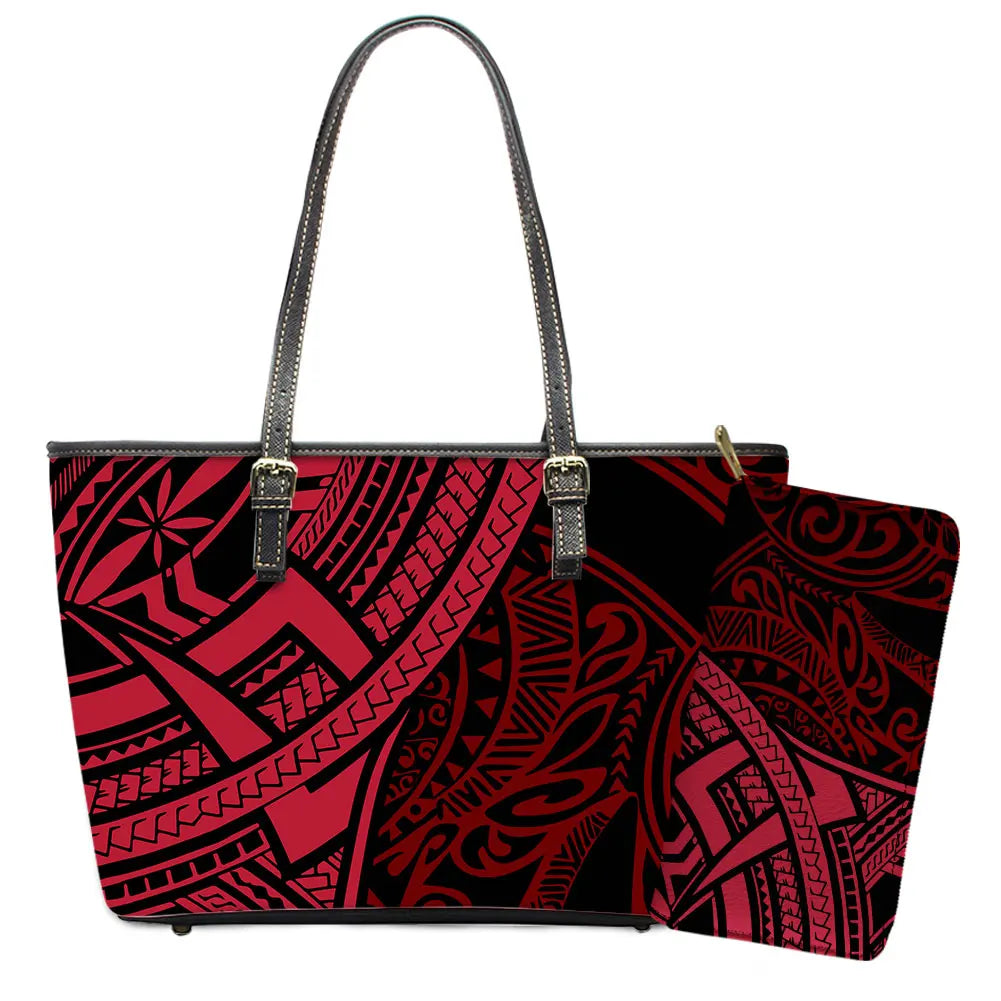Elegant Polynesian Tribal Hawaii Tropical Leather Purses with Zipper Wallet Luxury Ladies Tote Bag Custom Women's Shoulder Bag