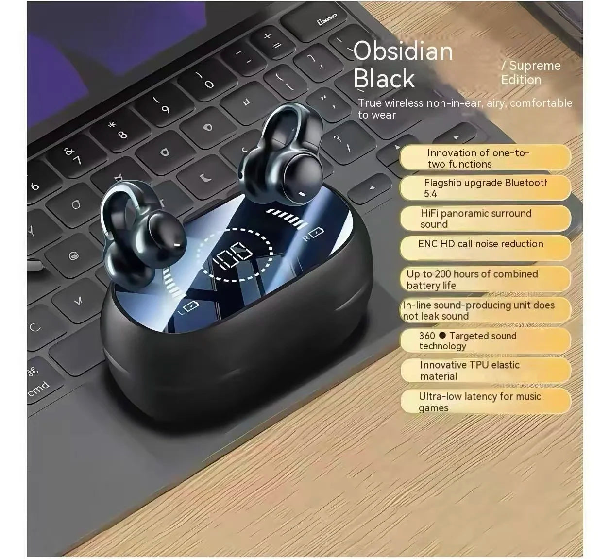 Ultra-Long Battery Life Wireless for BT Headphones with Smart Digital Display Sports Ear Clips Bone Conduction Technology