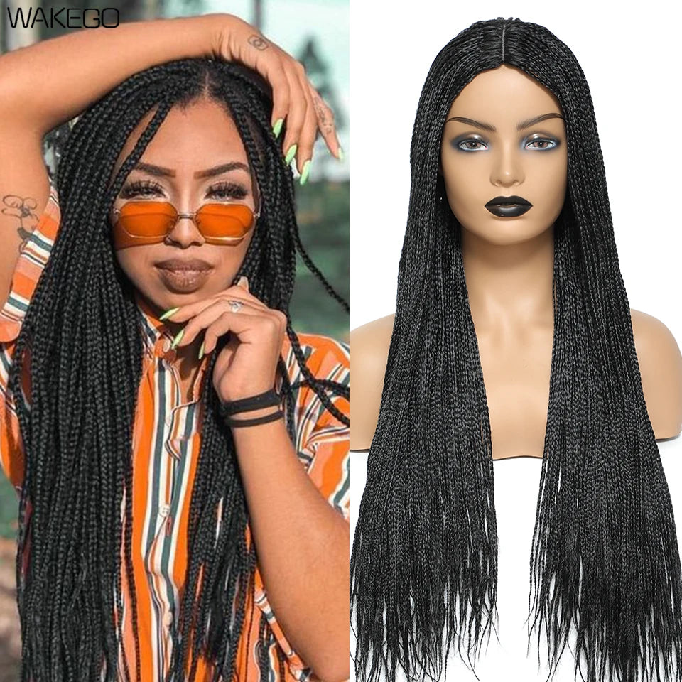 Wakego 26 Inch Ombre Box Braided Wigs For Black Women Braided Wig Fake Scalp Heat Resistant Braiding Hair Wig Peruca Sintetica