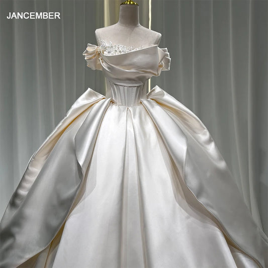 Custom Made Off Shoulder Satin Layered Cathedral Train Pearl Wedding Dress Xs040