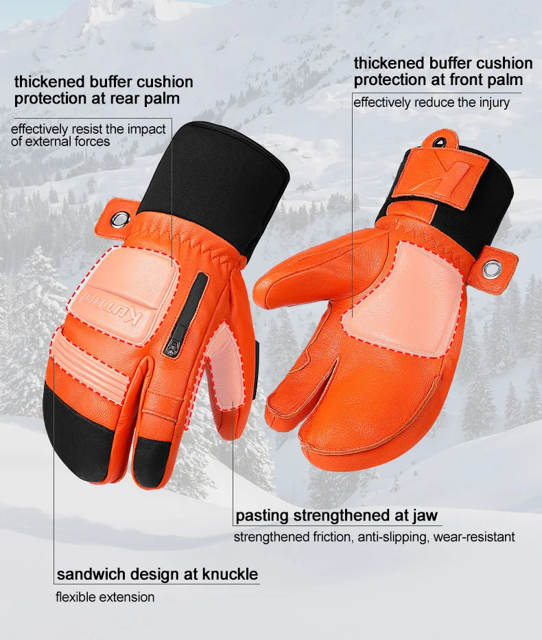 KUTOOK Goatskin Leather Ski Gloves Mittens Waterproof Thicken Winter Snow Snowboard Gloves Thermal Warm Skiing Gloves for Men