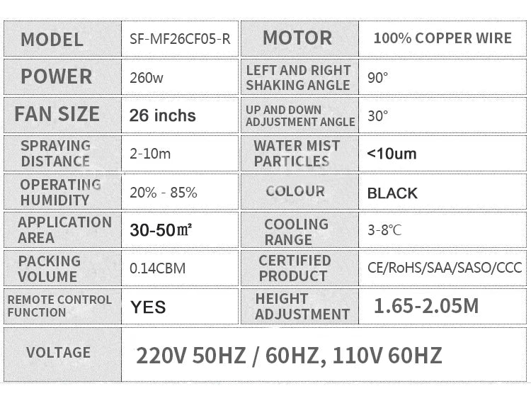 Remote Control Industrial Spray Fan 350w Atomizing Fan Water Mist Fan Humidifying Fan 220V SF-MF30CF07-R/SF-MF26CF05-R
