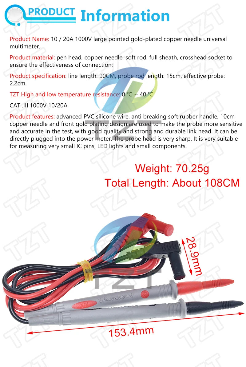 TZT Multimeter Test Leads Universal Cable AC DC 1000V 20A 10A CAT III Measuring Probes Pen for Multi-Meter Tester Wire Tips