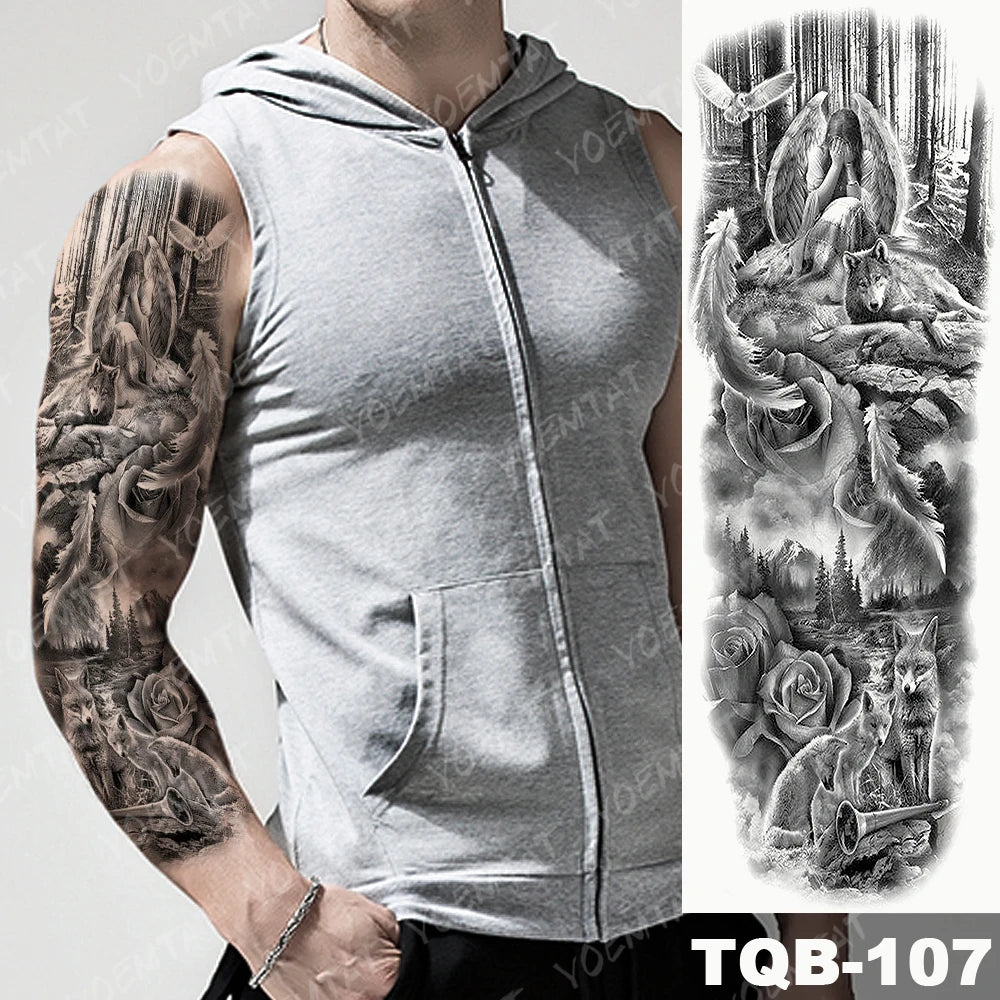 Large Arm Sleeve Tattoo Forest Angel Wolf Lion Waterproof Temporary Tatto Sticker Crown Skull Body Art Full Fake Tatoo Women Men