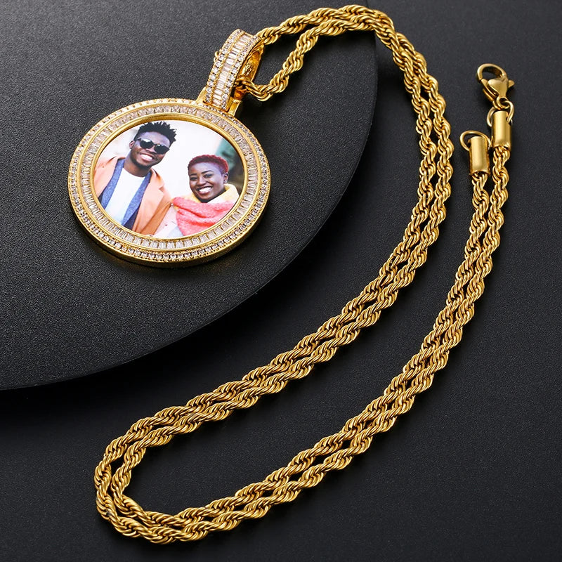 Customized Necklace Pendant Round Photo Medallions Necklace Men‘s Hip Hop Jewelry Personalized Custom Name Engraved Pendant Gift