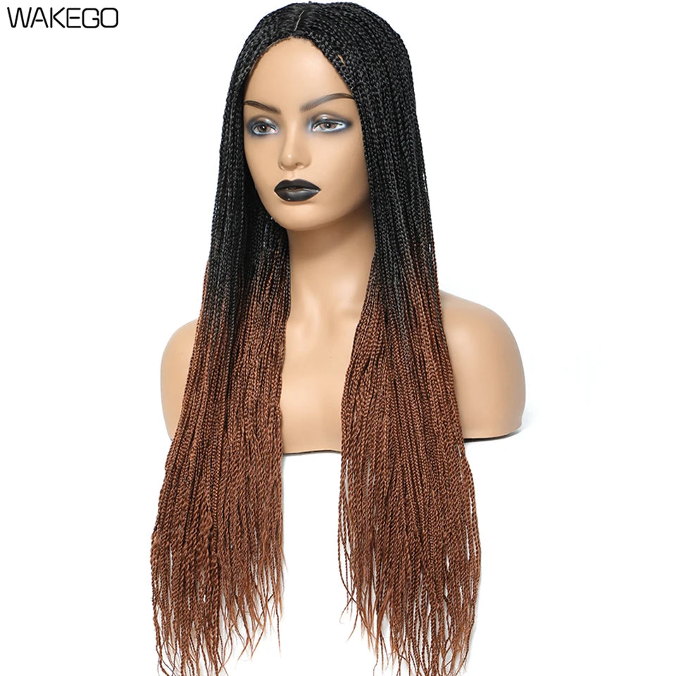 Wakego 26 Inch Ombre Box Braided Wigs For Black Women Braided Wig Fake Scalp Heat Resistant Braiding Hair Wig Peruca Sintetica