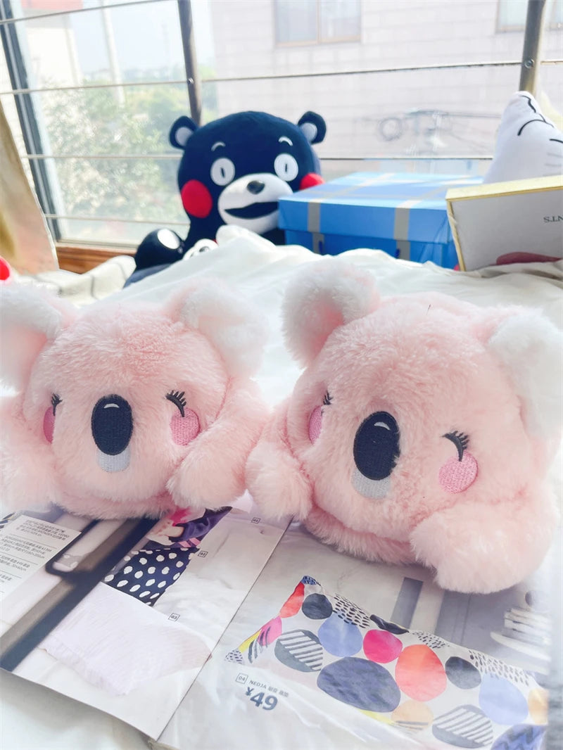 Cartoon Slippers Cute Koala Shape Home Cotton Shoes Woman Girl Warm Winter Indoor Shoes Flat Casual  Floor Non-slip Pink Grey