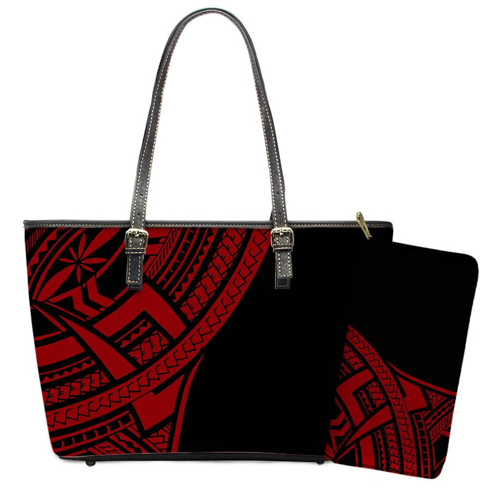Elegant Polynesian Tribal Hawaii Tropical Leather Purses with Zipper Wallet Luxury Ladies Tote Bag Custom Women's Shoulder Bag